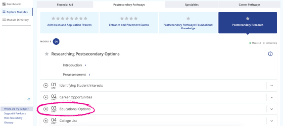Screenshot of locating Unit 3 Educational Options in the Academy