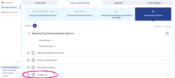 Screenshot of locating Unit 4 College List in the Academy