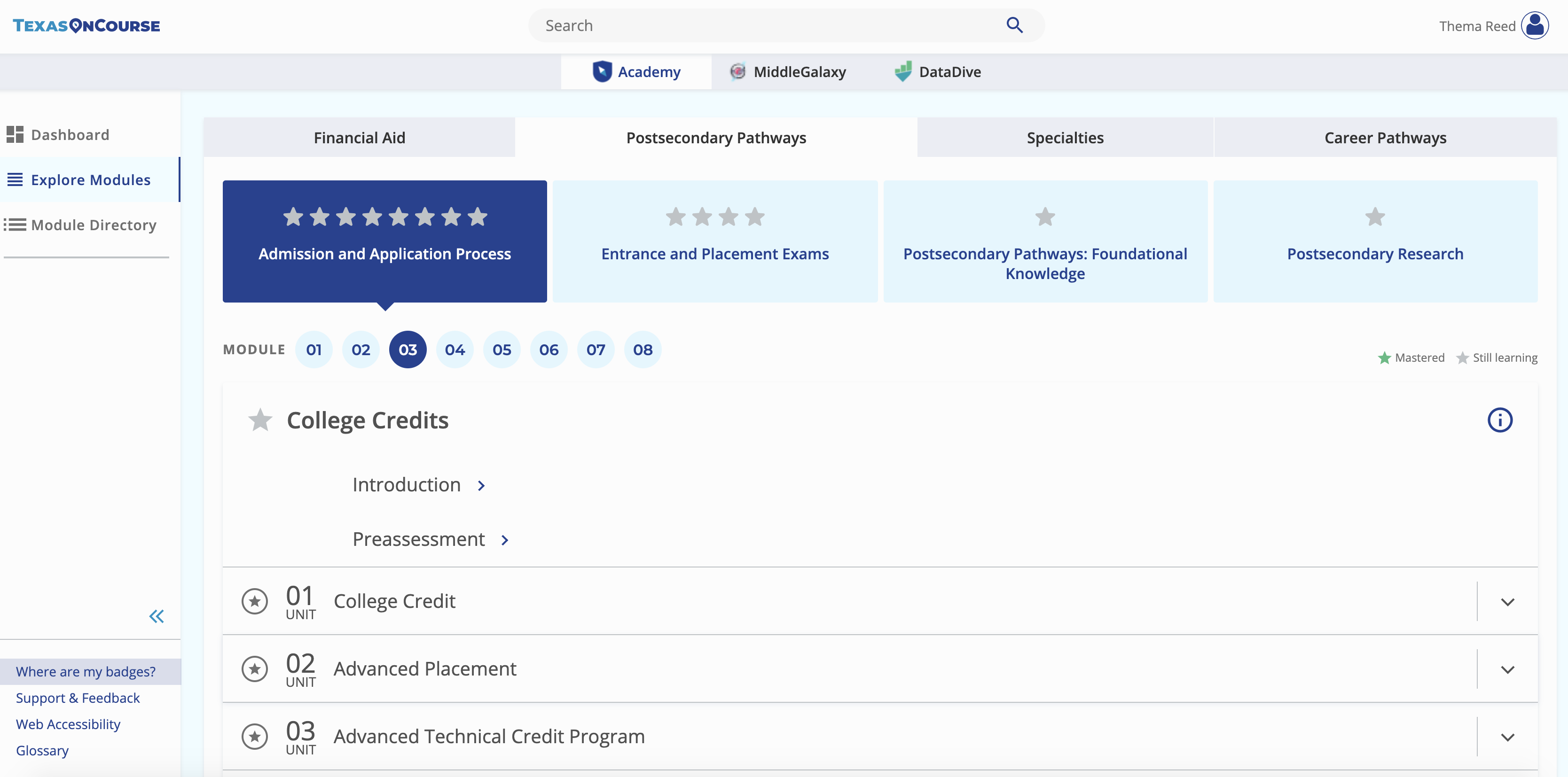 College Credits module in the Academy